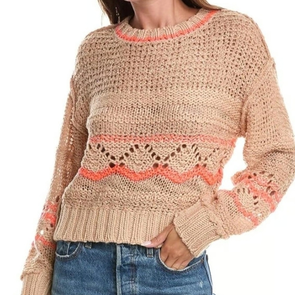 Saltwater Luxe Anthropologie Tan/Vibrant Coral Sweater Size M Wool Blend Soft